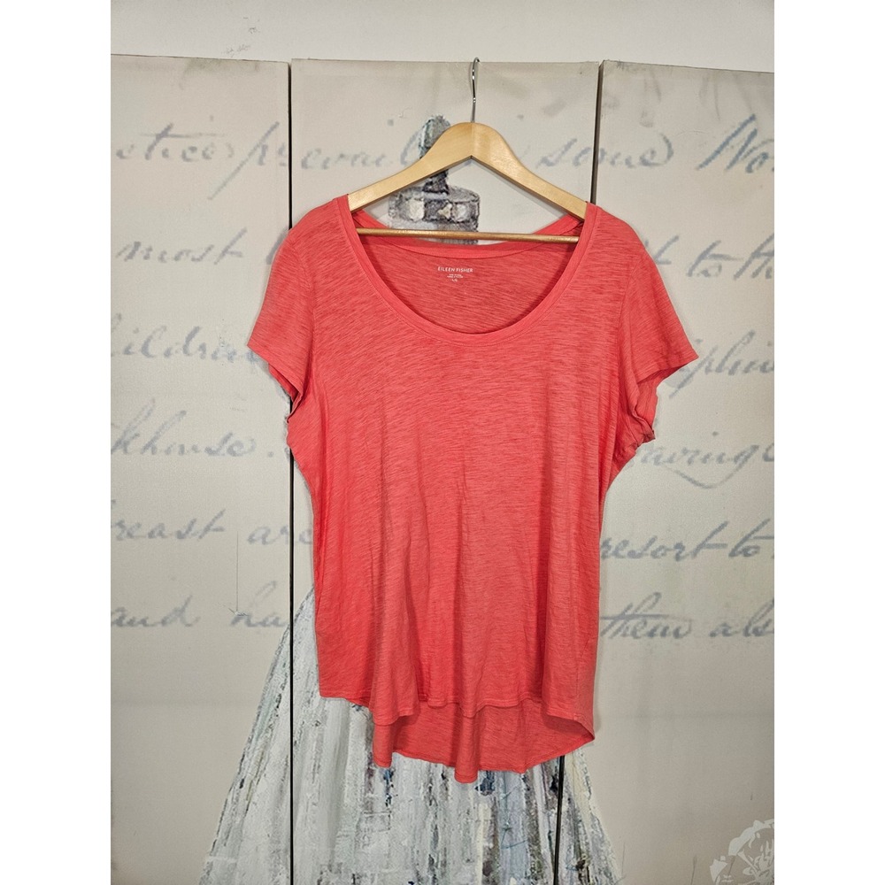 Eileen Fisher T-Shirt L Coral Pink 100% Organic Cotton Slub Scoop Neck